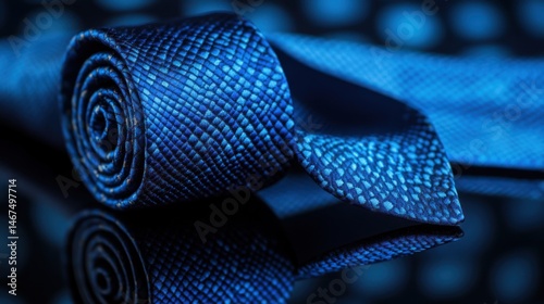 Close-up of a rolled blue tie on a reflective surface