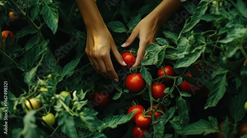 Hands gently harvesting ripe tomatoes in a lush garden