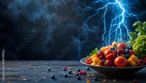 Fototapeta Naklejka Na Ścianę i Meble -  a bowl filled with fresh fruits and vegetables is situated on a table