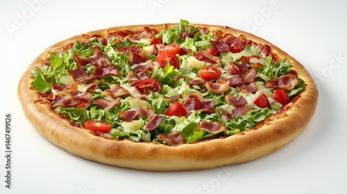 Freshly baked pizza topped with bacon and vegetables