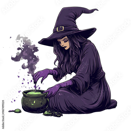 A Cartoon Witch Brewing a Potion Isolated on Transparent Background