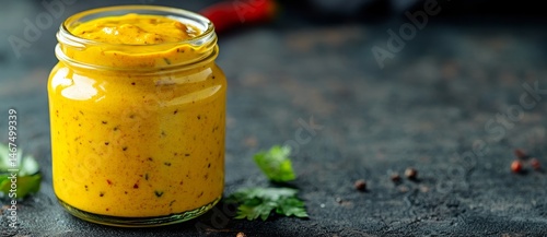 Homemade honey mustard salad dressing in a jar, creatively presented with a banner and copyspace for added design flexibility