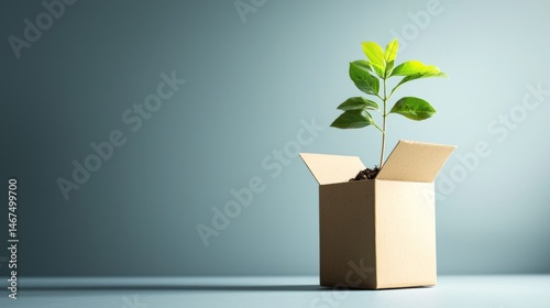 A green plant growing out of a cardboard box on a blue background.