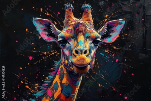 Colorful giraffe portrait with paint splatters