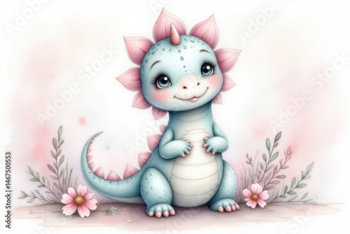 Cute baby Stegosaurus with flowers