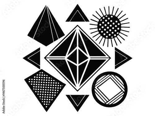 Abstract postmodern vector set featuring bold brutalist shapes, warped glass distortions, holographic textures, and retrofuturistic Y2K-inspired symbols. Includes grainy gradients, fragmented geometry