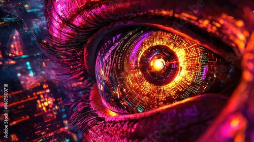 Close-up digital illustration of an eye with vibrant city lights.