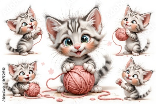 Cute gray tabby kittens playing with pink yarn, isolated background