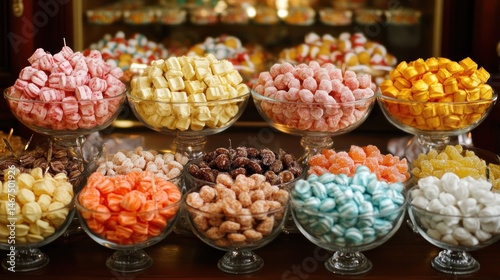 Colorful assortment of candies displayed in glass bowls