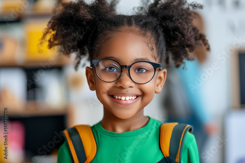 Young girl with curly hair and glasses smiles happily in a colorful classroom setting during a school day