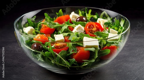 Fresh salad with tomatoes, olives, and feta on dark surface