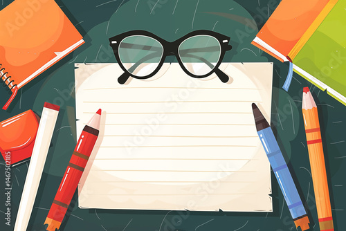 Colorful stationery spread with glasses and blank paper on a green background for creative projects
