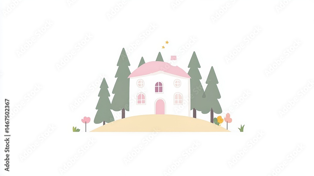 Fototapeta premium Charming Pixel Art Home Sweet Home Dreamy Cottage with Pine Trees Serene Landscape Whimsical Retreat Digital Illustration