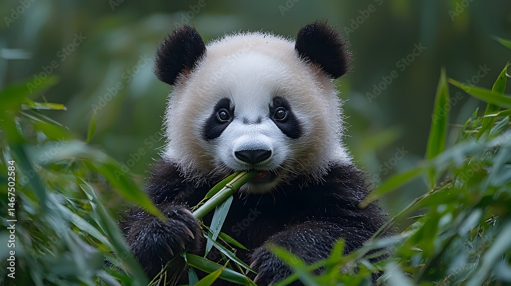 Obraz premium Panda enjoying a bamboo snack in its natural forest habitat