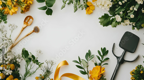 Floral arrangement with gardening tools and golden accents on white surface photo