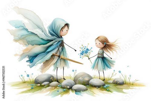 Girl giving flowers to fairy