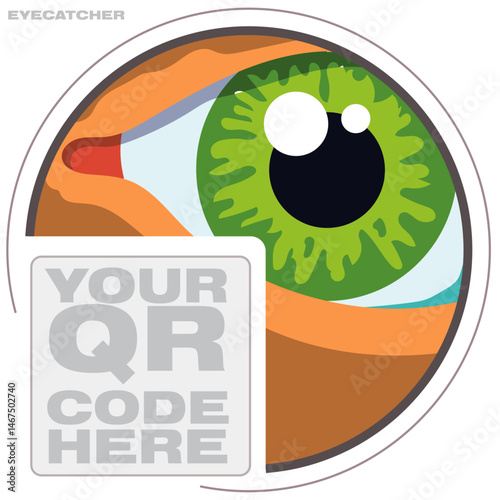 A striking QR sticker with a realistic eye peering through a cutout, creating an illusion of someone watching. Features a designated area marked 