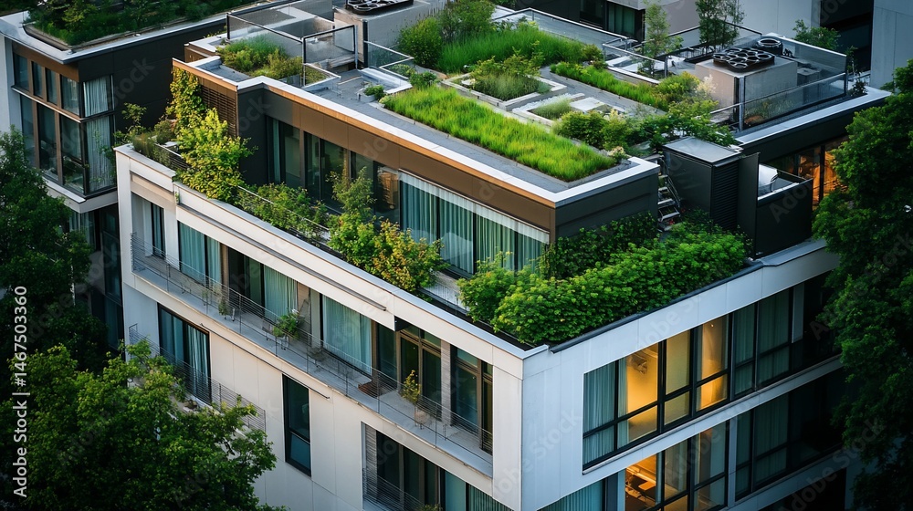 Modern apartment building with green rooftop garden and lush greenery design Modern apartment building with green rooftop garden and lush greenery design