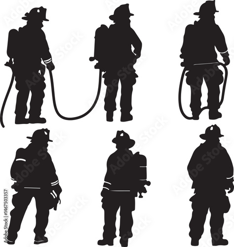 Firefighter Silhouettes: Firemen in Protective Gear, Black and White