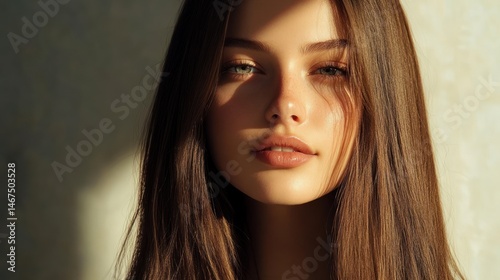Portrait of a young woman with long hair and natural light
