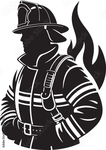 Firefighter Silhouette Vector in Uniform with Fire Flames for Rescue Operation Design, Emergency Services, and Fire Safety Graphic