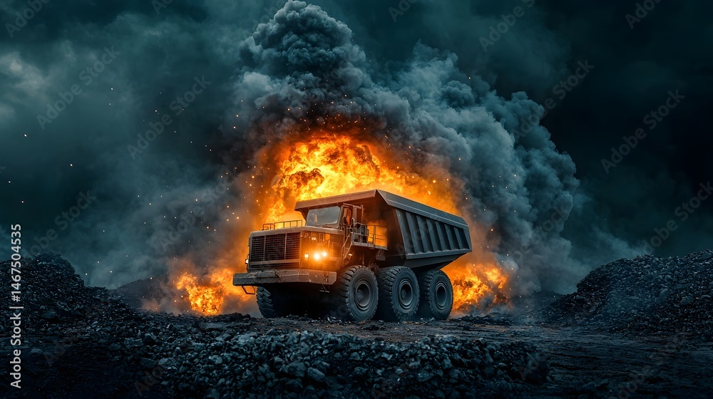A massive explosion and fire engulfs a heavy industrial dump truck in a night time industrial setting with dark clouds of smoke billowing into the sky A massive explosion and fire engulfs a heavy industrial dump truck in a night time industrial setting with dark clouds of smoke billowing into the sky