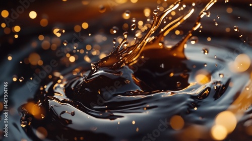Dynamic splash of dark liquid with glimmering droplets