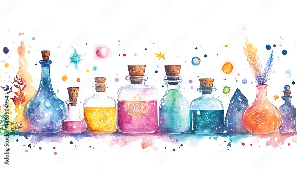 Colorful watercolor potion bottles, fantasy, magic, alchemy.