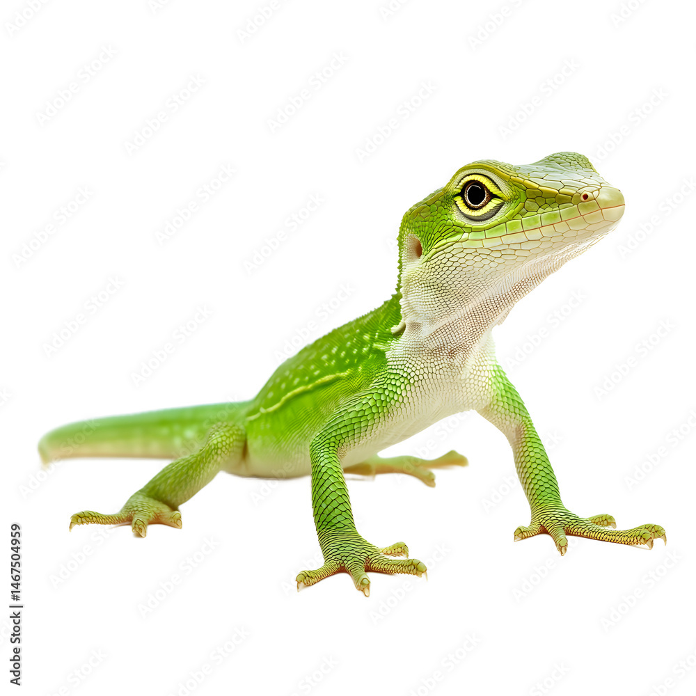 Fototapeta premium Vibrant Green Lizard Close-up Against Transparent Background