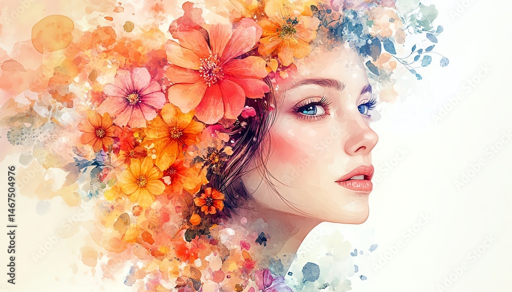 Watercolor portrait of a woman adorned with vibrant flowers.