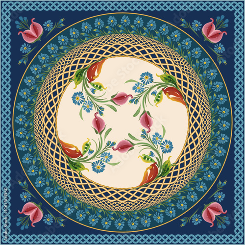 Scarf floral vector pattern from flowers, gold and blue frames on a dark blue background