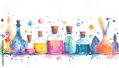 Obraz na płótnie Colorful watercolor potion bottles, fantasy, magic, alchemy. w salonie