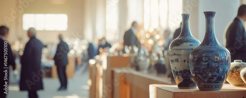 Banner format image of elegant warm art auction room showcasing various ceramic pieces with undistinguished visitors in the background.