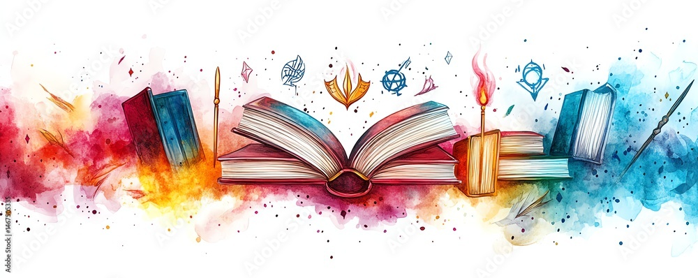 Colorful watercolor books, magic, fantasy.