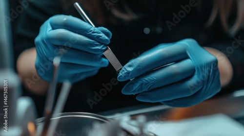 Close-up of hands in blue gloves performing precise surgery