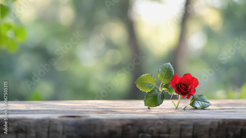 Single red rose elegantly placed on a wooden table evoking a sense of destined love and romantic elegance