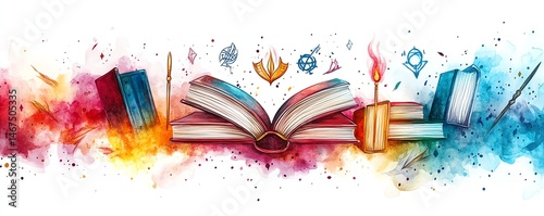 Colorful watercolor books, magic, fantasy.