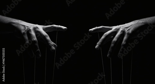 AI image of two hands in monochrome, dramatically lit, each controlling puppet strings against a stark black background, symbolizing manipulation.