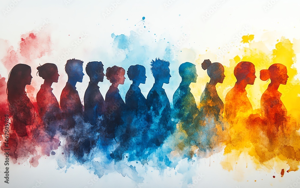 Colorful silhouettes of diverse people in a row.