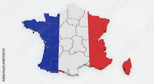 Map of France with national flag overlay — 3D illustration of French territory in blue, white, and red colors

