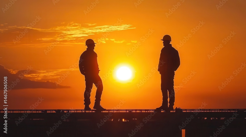 Fototapeta premium Silhouette of construction workers against stunning sunset with bright sun disk
