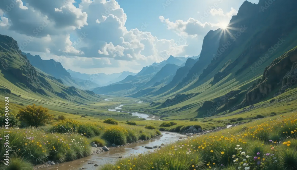 Naklejka premium Verdant valley embraced by the mountains