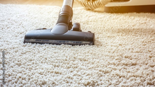 Vacuuming a plush carpet in a sunlit living room setting