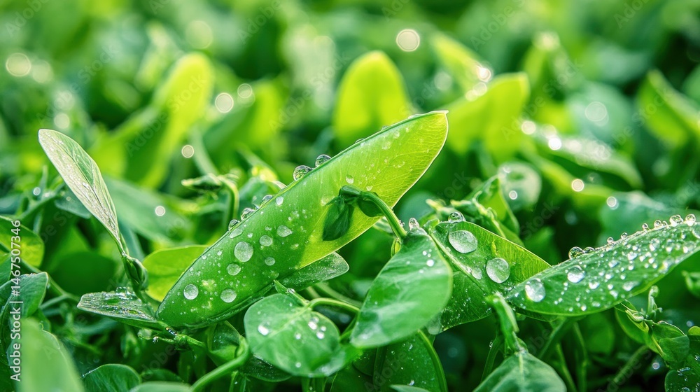 Naklejka premium Dew-Kissed Pea Plant: A Symphony of Green
