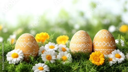 Easter Eggs amidst Spring Blooms: Exquisite Easter eggs, adorned with intricate designs, nestled amidst a vibrant display of spring flowers and lush greenery, capturing the essence of renewal and joy.