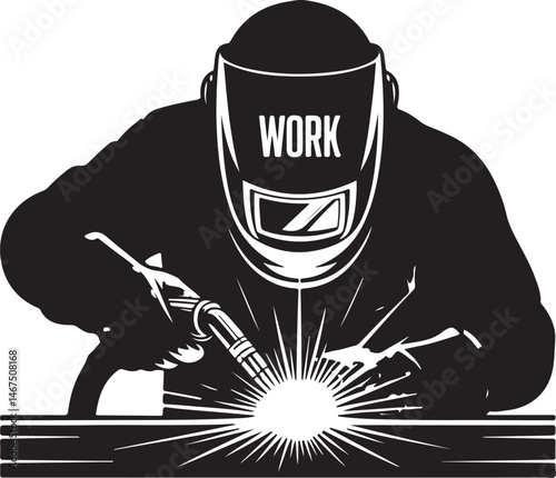 Welding Silhouette Worker with Helmet and Sparks Metalwork Fabrication Industry