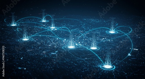 An abstract city map with glowing towers connected by lines, symbolizing communication networks and technological infrastructure.