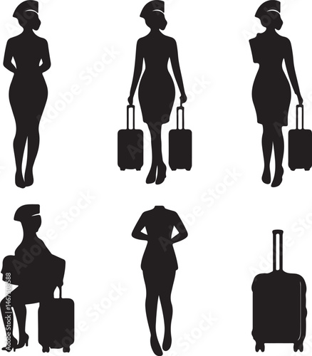 Silhouette Set of Flight Attendants with Luggage in Vector Style