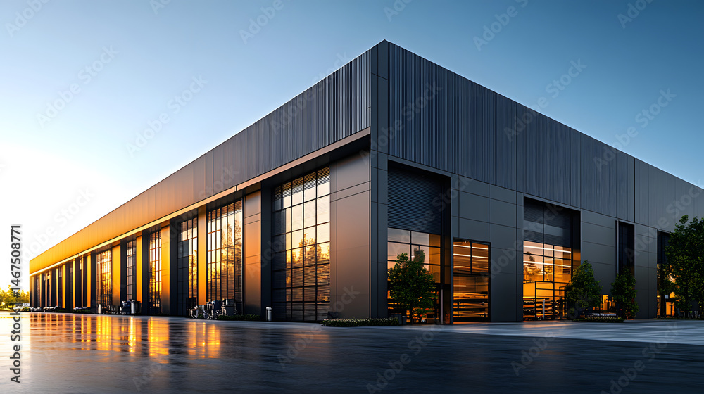 A sleek, contemporary industrial building features expansive glass windows and multiple roller doors. Bright daylight highlights its clean lines and modern design against a clear blue sky