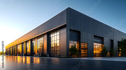 Obraz na płótnie A sleek, contemporary industrial building features expansive glass windows and multiple roller doors. Bright daylight highlights its clean lines and modern design against a clear blue sky w salonie